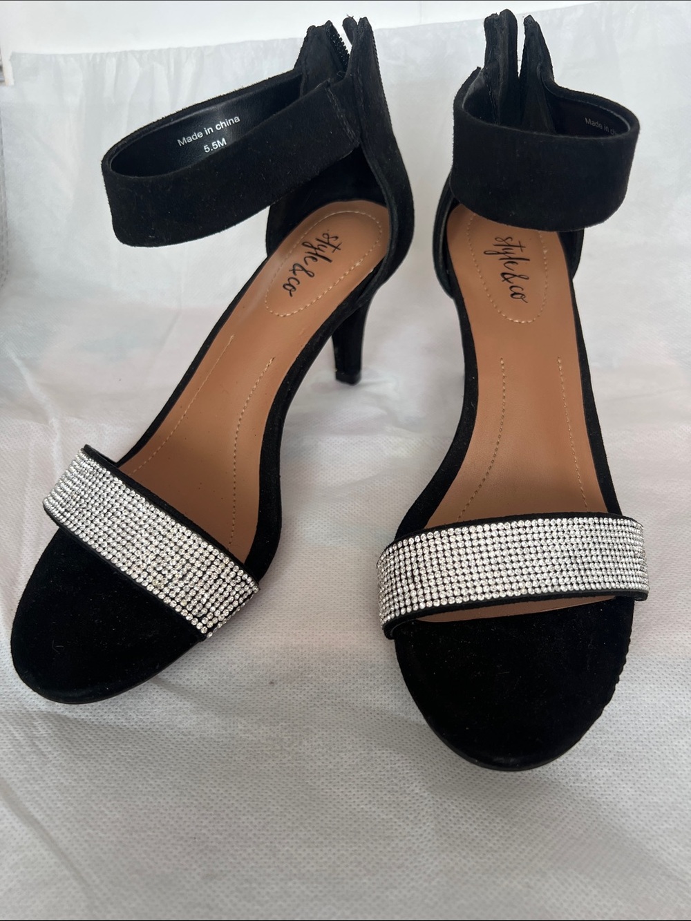Style & Co. Black Ankle-Strap Heels with Rhinestone Toe Band